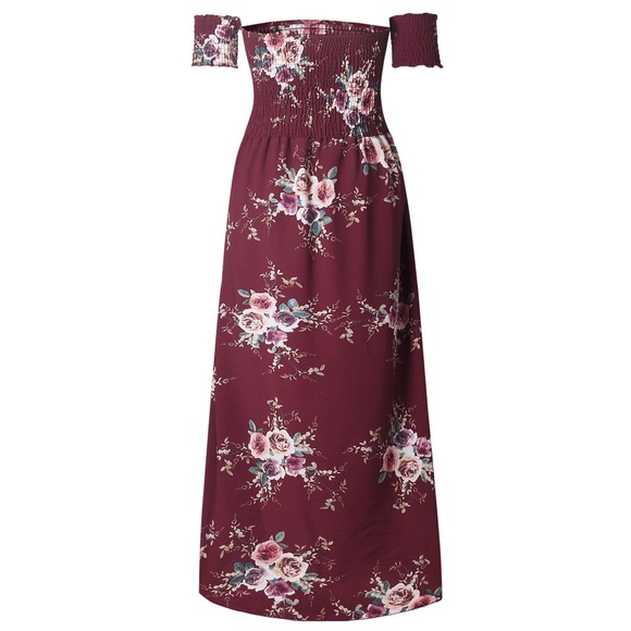 B2G1♦️🆕Boho Floral Off Shoulder Maxi Dress Wine - Picture 7 of 8